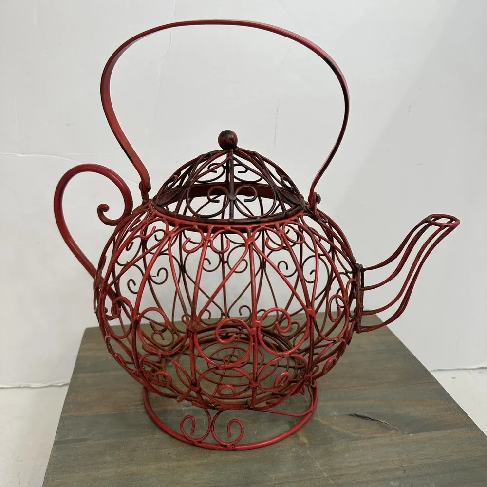 Vtg Large Metal Teapot Basket Filigree Tea Time Metal Home Decor Rustic W Handle